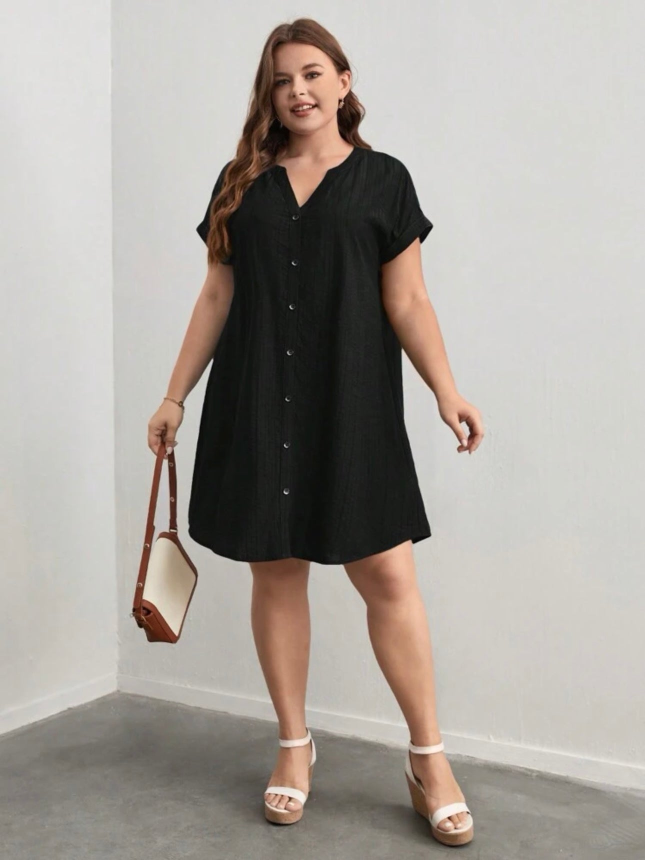 Button Down Fold-up Batwing Sleeve Plus Size Dress