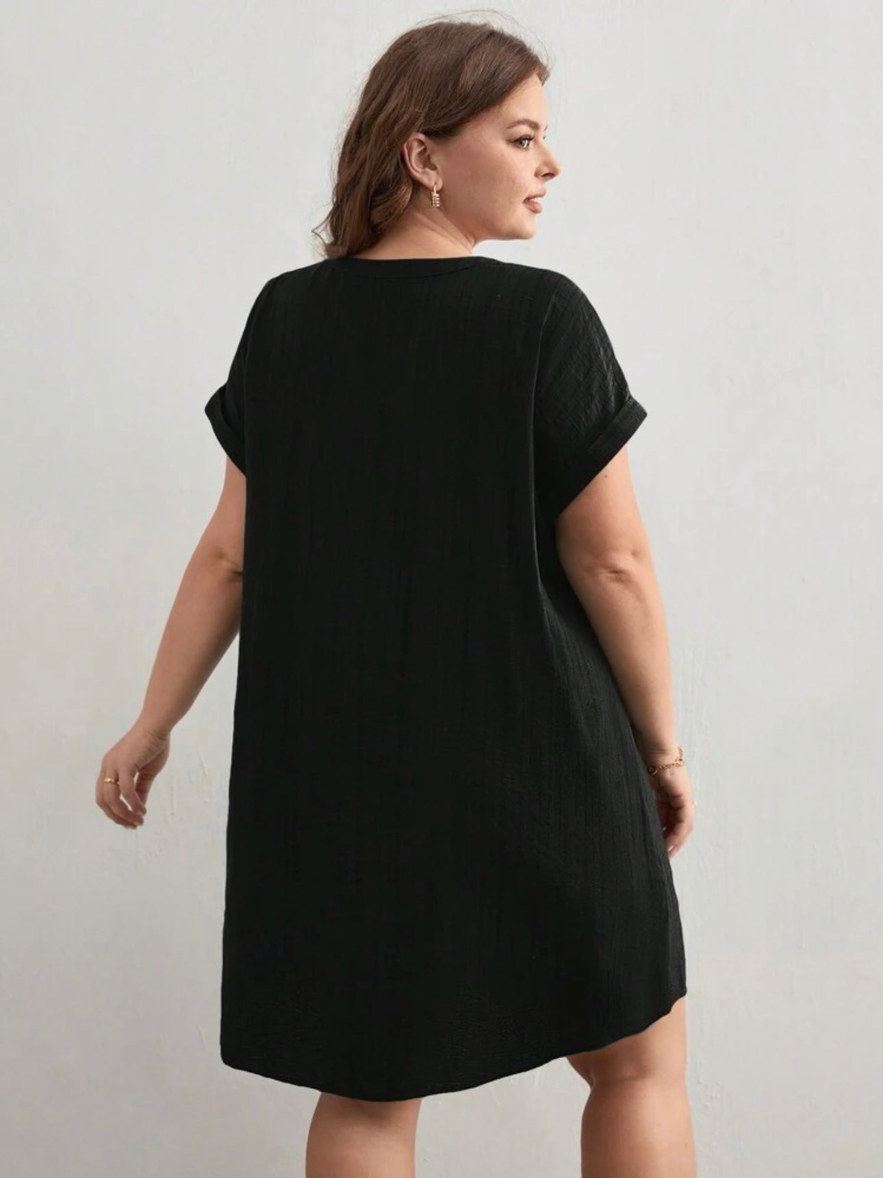 Button Down Fold-up Batwing Sleeve Plus Size Dress