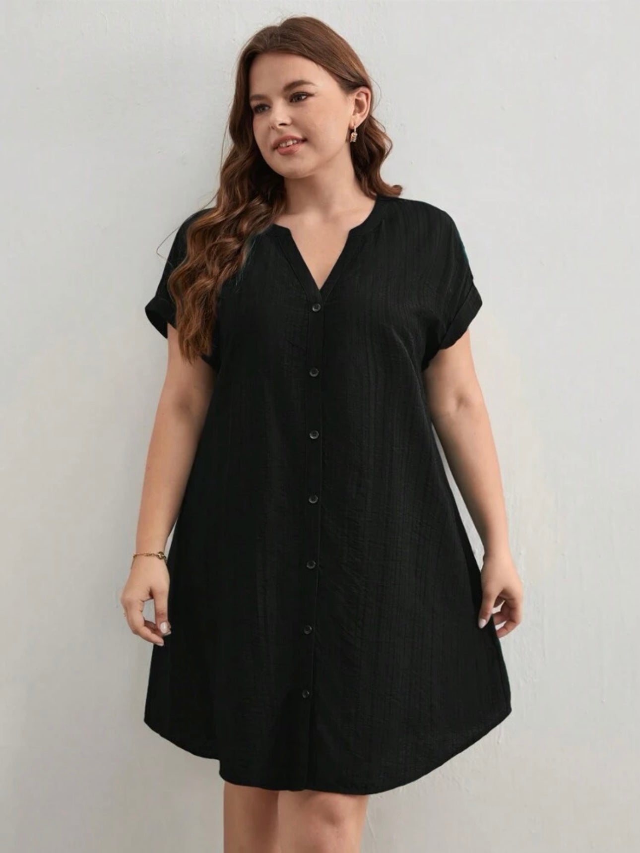 Button Down Fold-up Batwing Sleeve Plus Size Dress