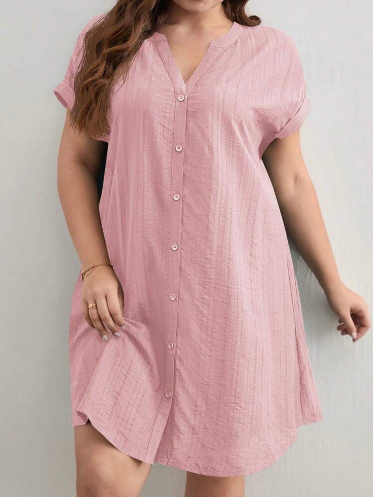 Button Down Fold-up Batwing Sleeve Plus Size Dress