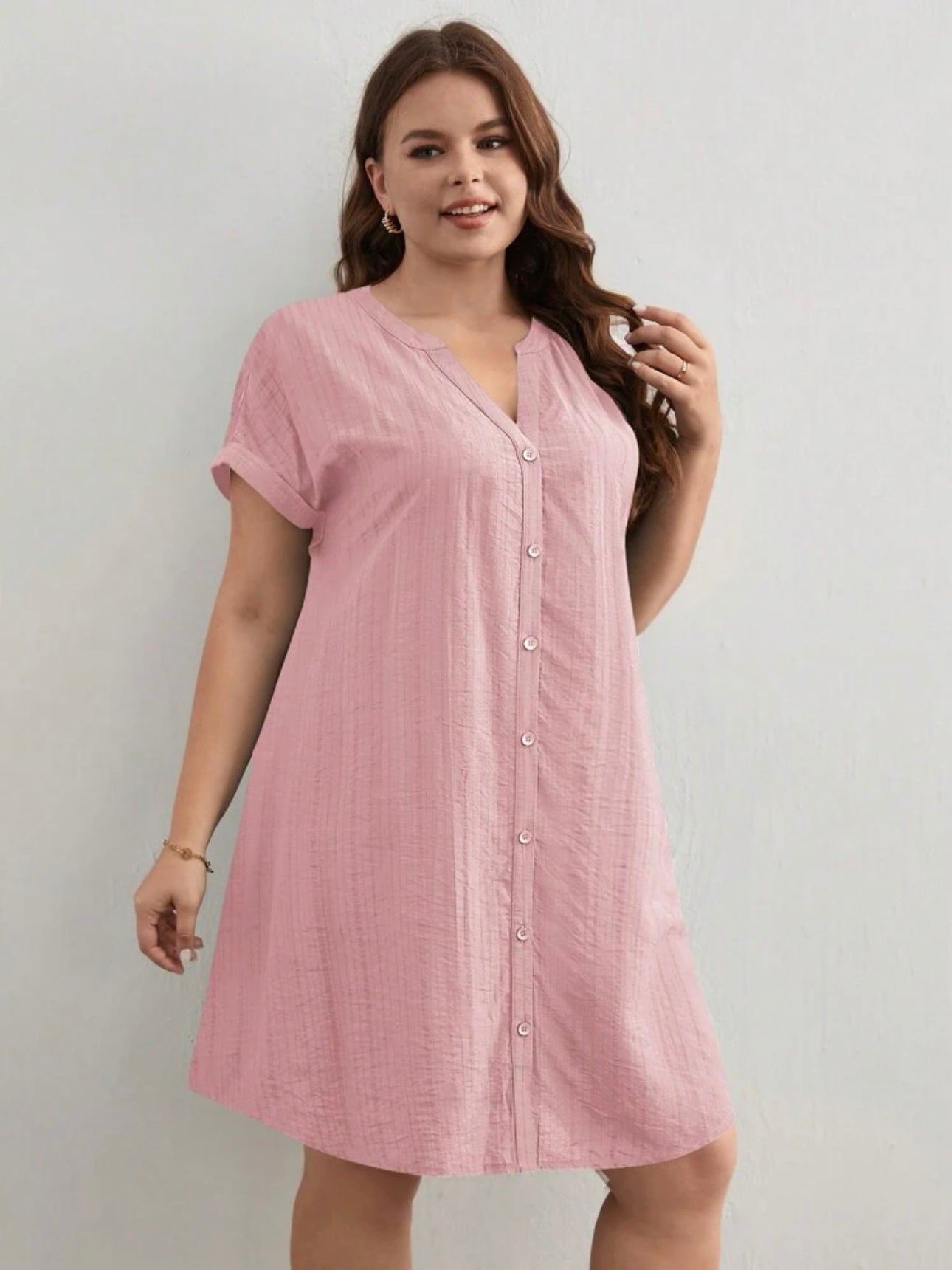 Button Down Fold-up Batwing Sleeve Plus Size Dress