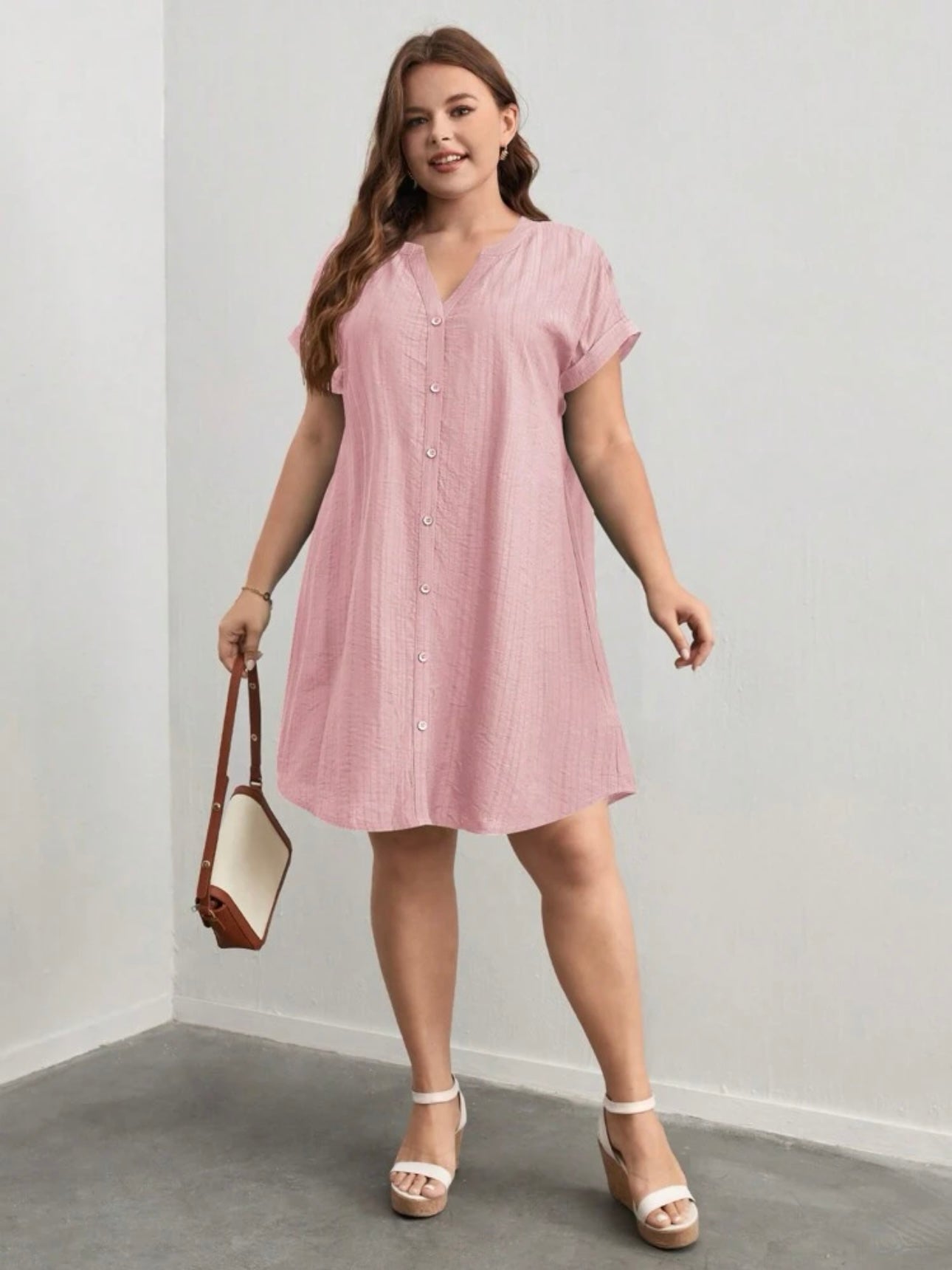 Button Down Fold-up Batwing Sleeve Plus Size Dress