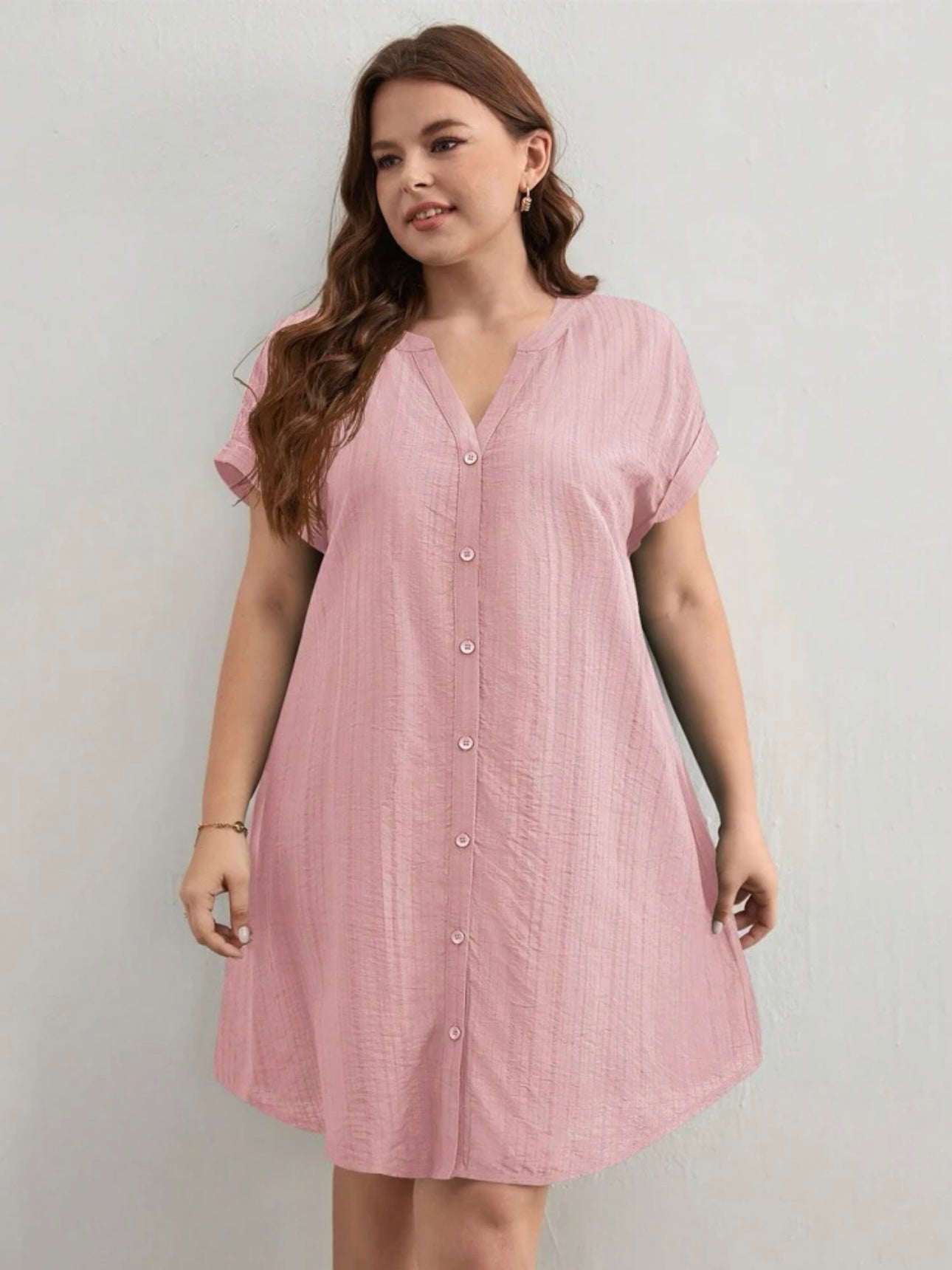 Button Down Fold-up Batwing Sleeve Plus Size Dress