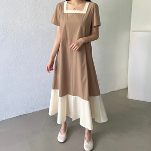 Square Neck 2 Tone Side Pocket Front Slit Dress