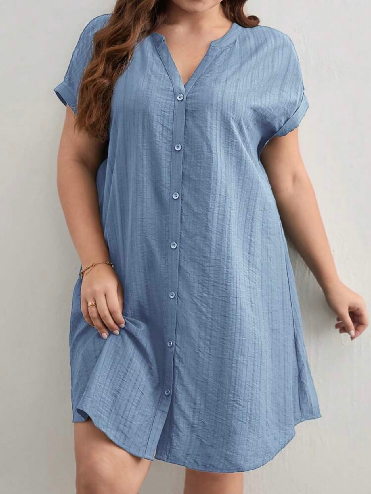 Button Down Fold-up Batwing Sleeve Plus Size Dress