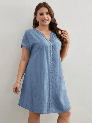 Button Down Fold-up Batwing Sleeve Plus Size Dress