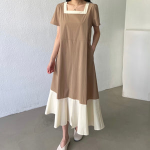 Square Neck 2 Tone Side Pocket Front Slit Dress