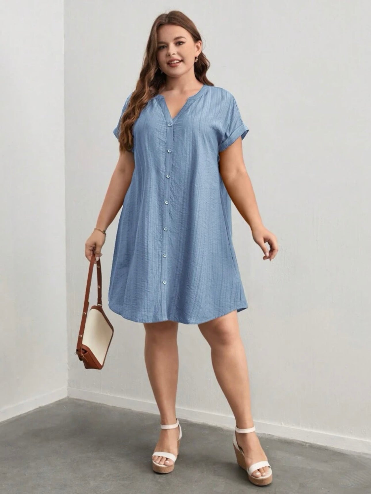 Button Down Fold-up Batwing Sleeve Plus Size Dress