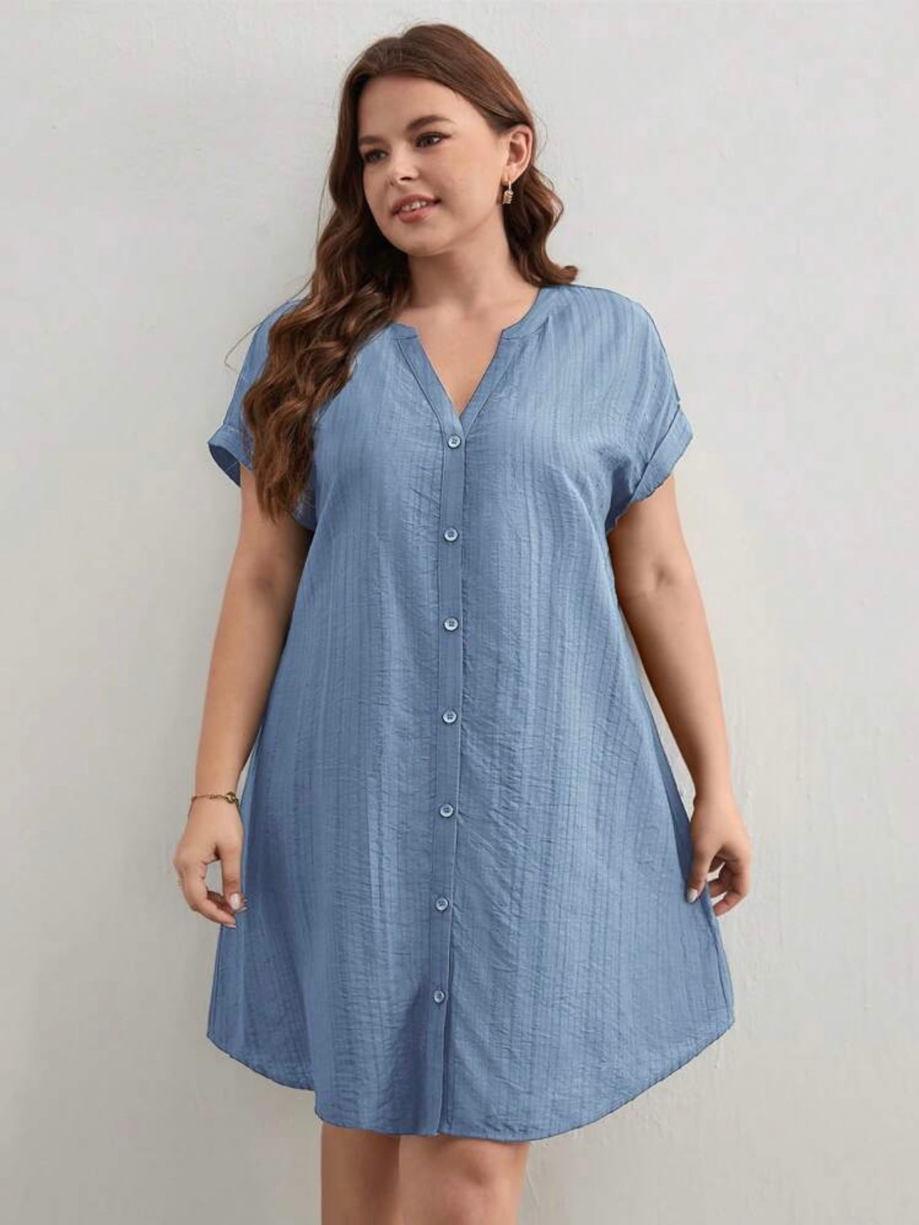 Button Down Fold-up Batwing Sleeve Plus Size Dress