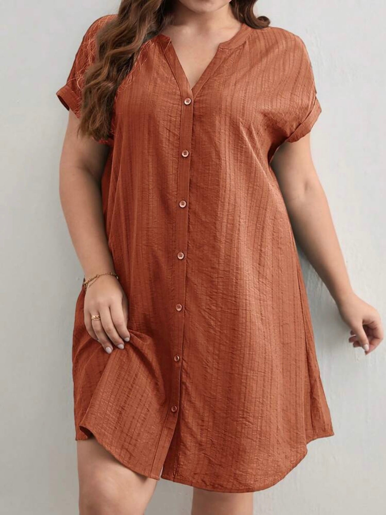 Button Down Fold-up Batwing Sleeve Plus Size Dress