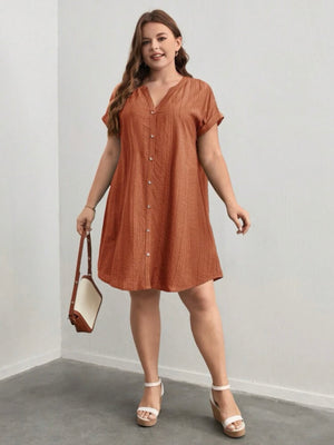 Button Down Fold-up Batwing Sleeve Plus Size Dress