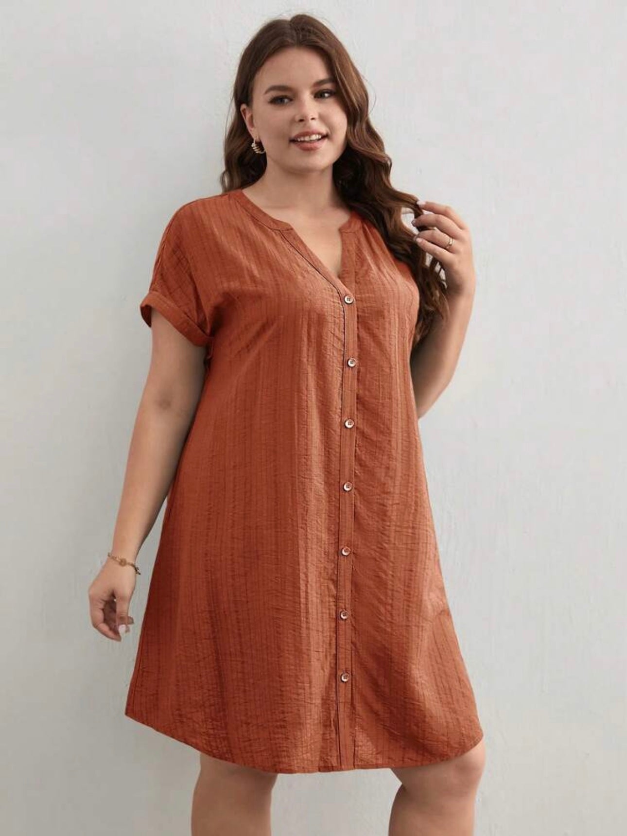 Button Down Fold-up Batwing Sleeve Plus Size Dress