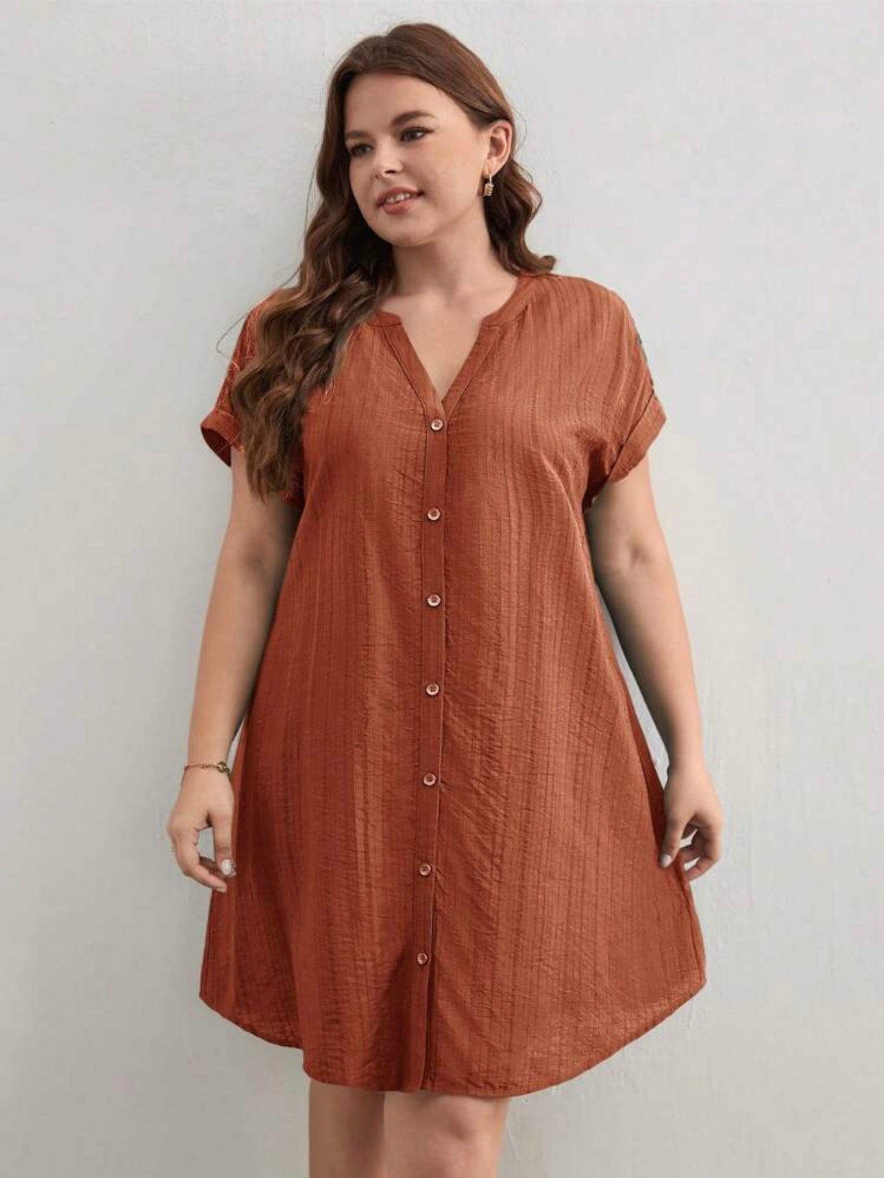 Button Down Fold-up Batwing Sleeve Plus Size Dress