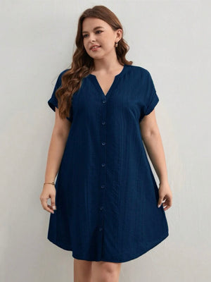 Button Down Fold-up Batwing Sleeve Plus Size Dress