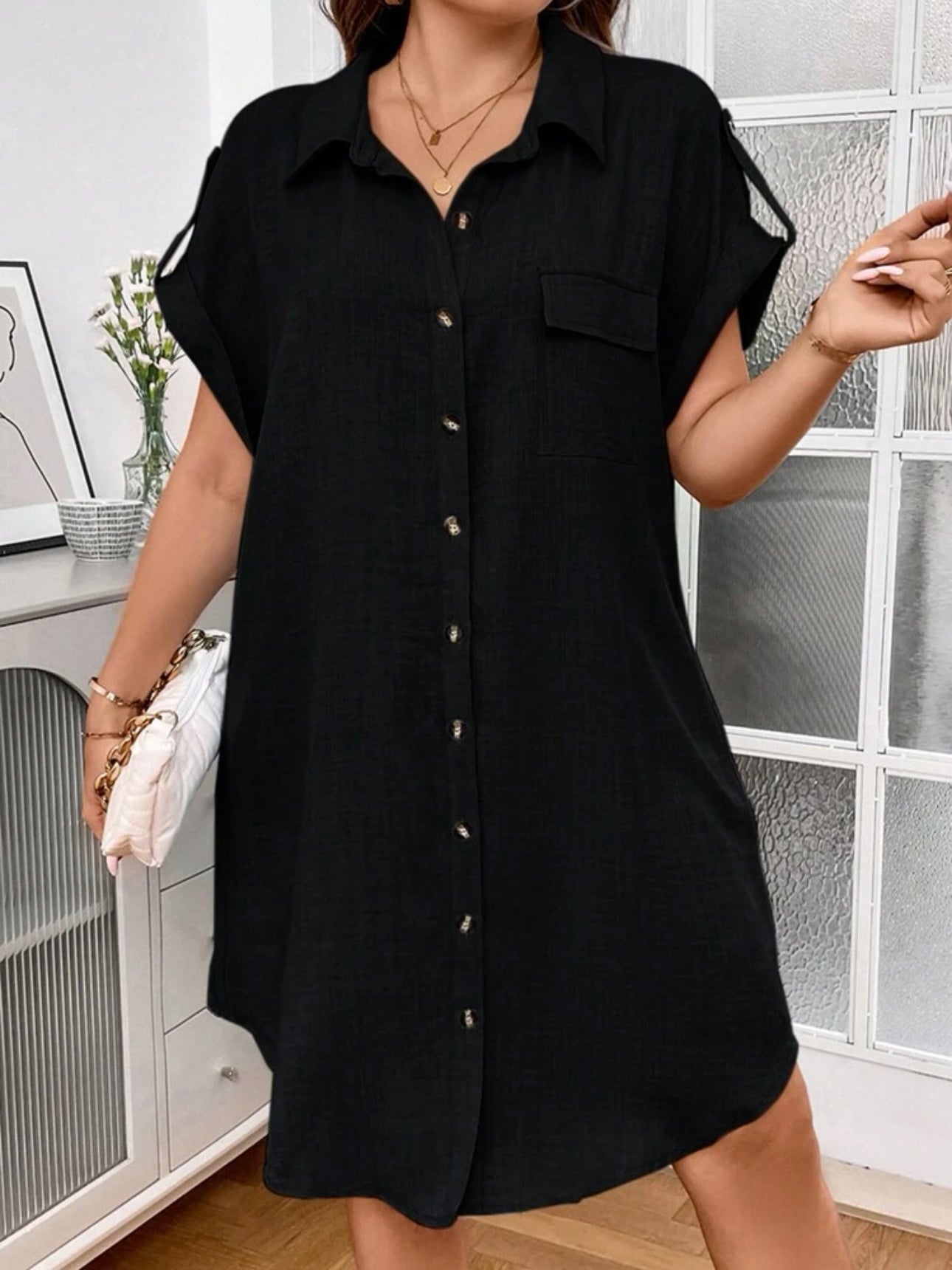 Fold-up Belted Sleeve Button Down Polo Neck One Pocket Plus Size Dress