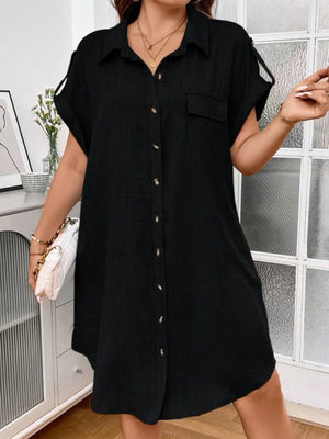 Fold-up Belted Sleeve Button Down Polo Neck One Pocket Plus Size Dress