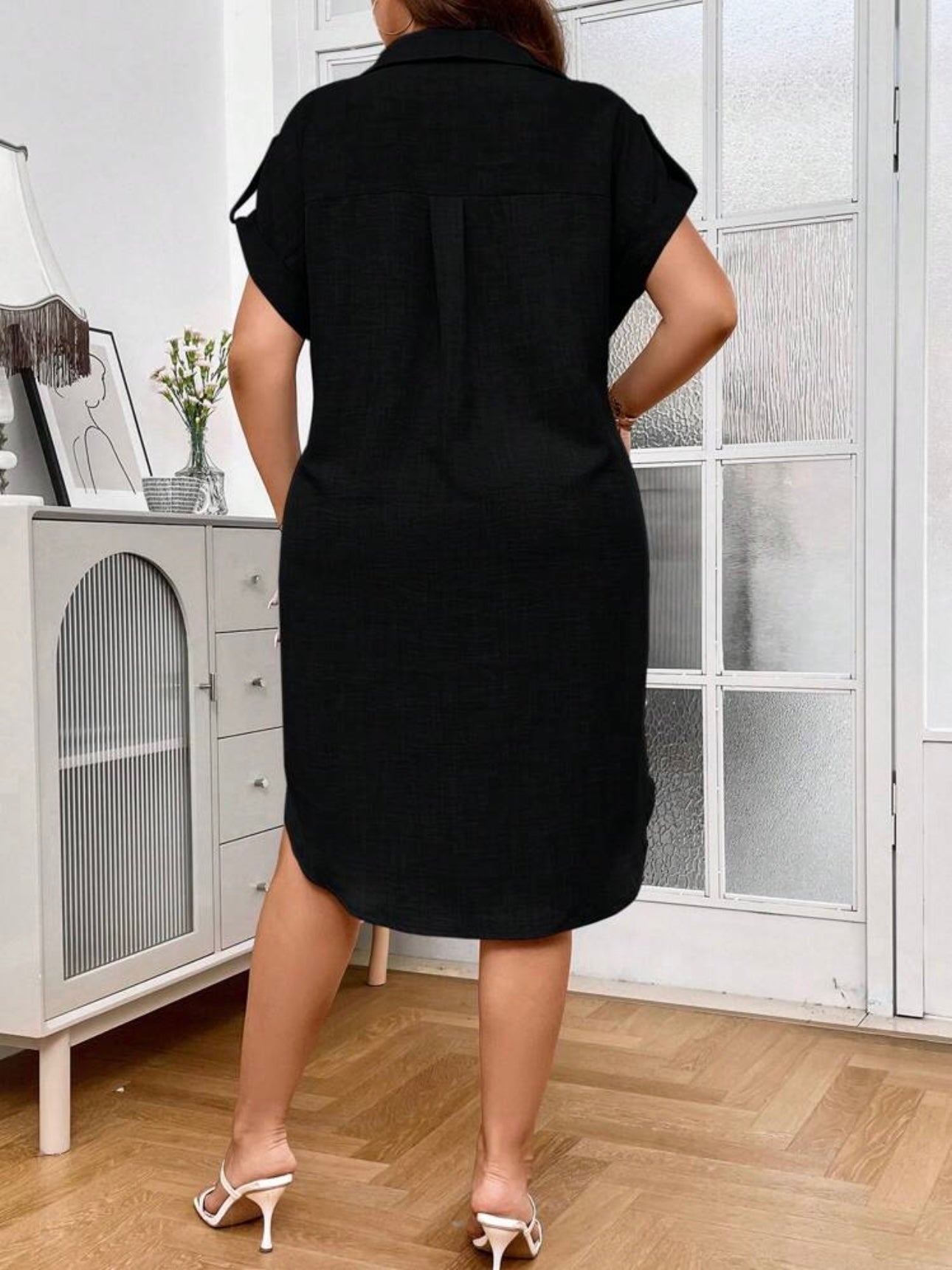 Fold-up Belted Sleeve Button Down Polo Neck One Pocket Plus Size Dress