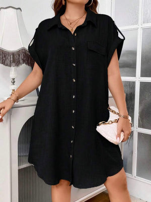 Fold-up Belted Sleeve Button Down Polo Neck One Pocket Plus Size Dress