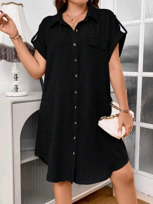 Fold-up Belted Sleeve Button Down Polo Neck One Pocket Plus Size Dress