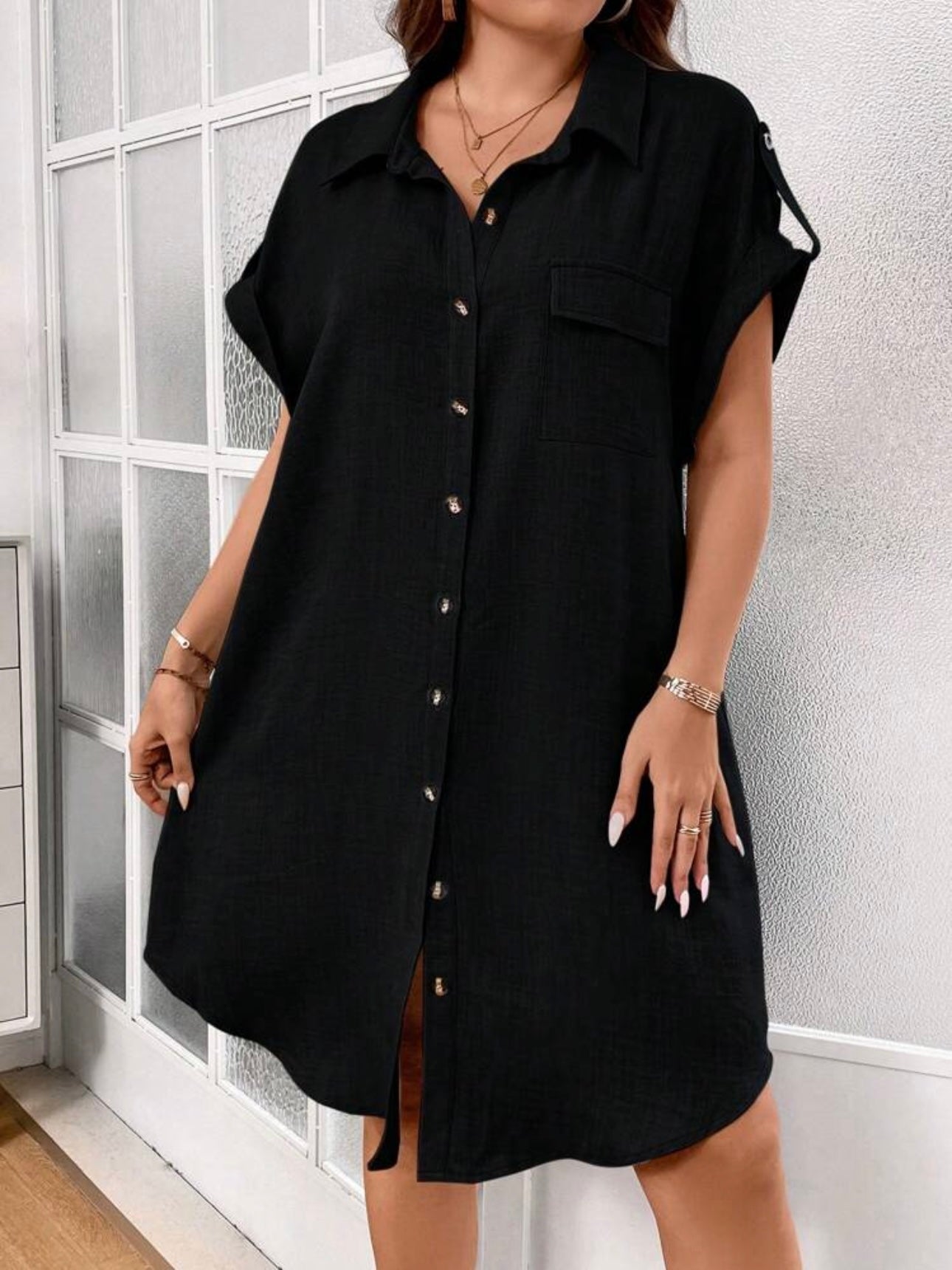 Fold-up Belted Sleeve Button Down Polo Neck One Pocket Plus Size Dress