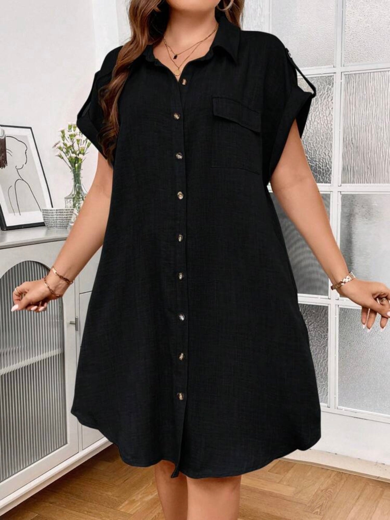 Fold-up Belted Sleeve Button Down Polo Neck One Pocket Plus Size Dress