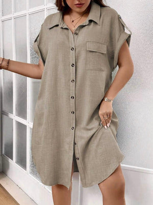 Fold-up Belted Sleeve Button Down Polo Neck One Pocket Plus Size Dress