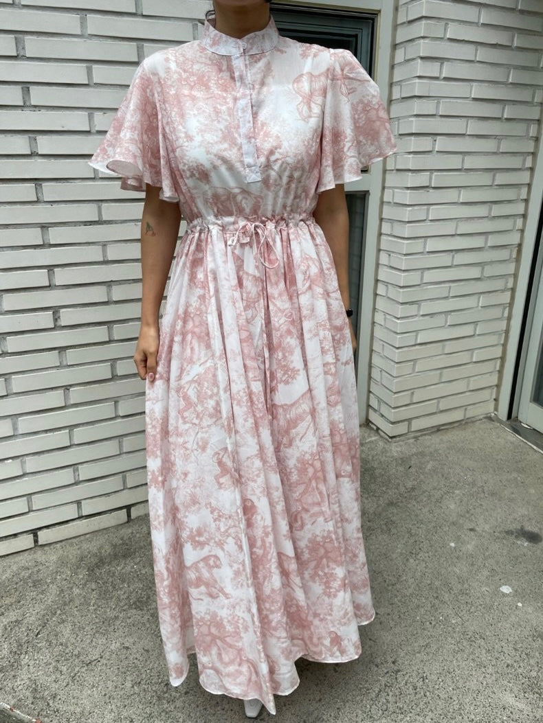 Button Down Oversize Sleeve Drawstring Vintage Floral Dress