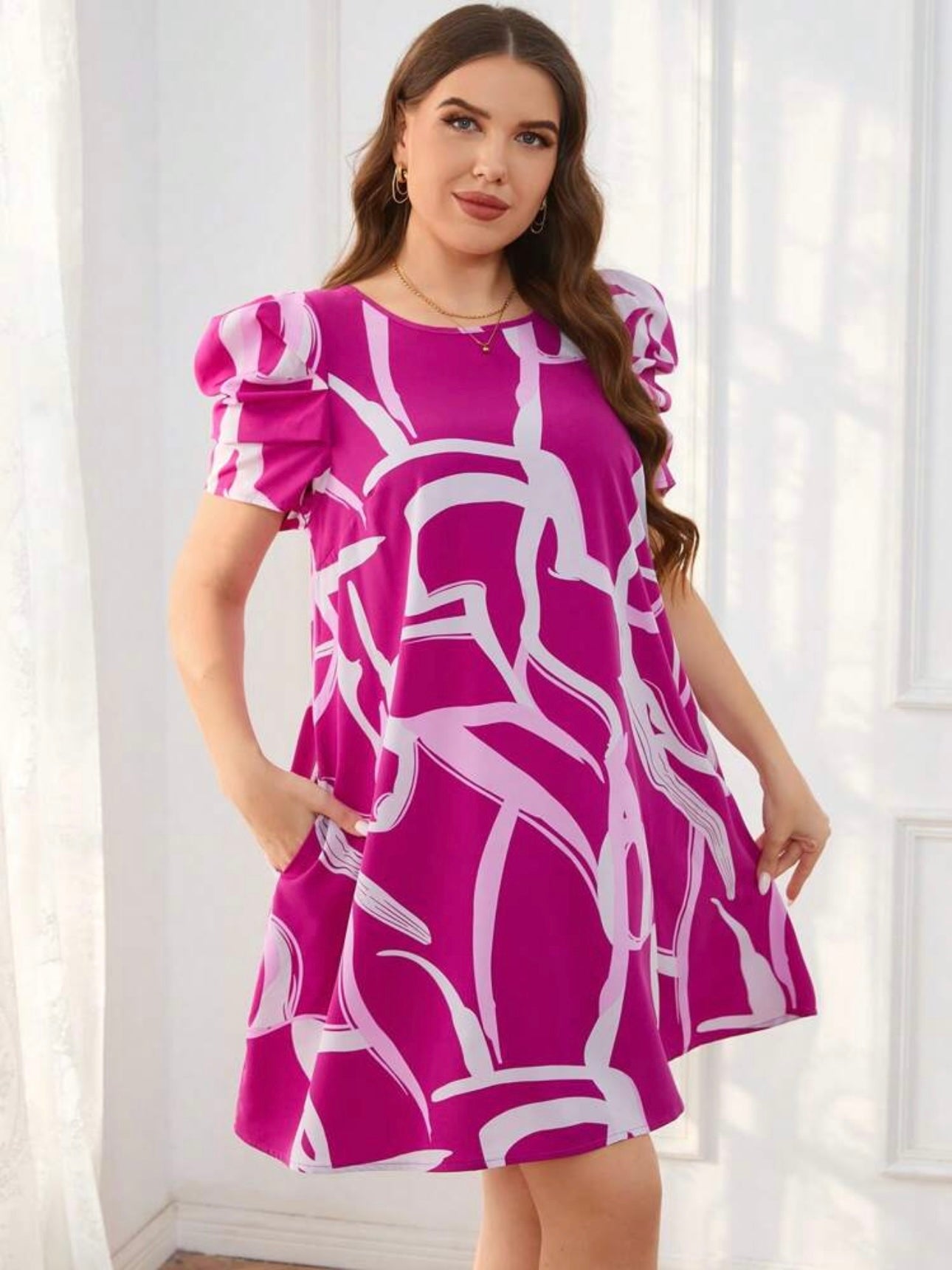 Pleated Puff Sleeve Side Pocket Scarf Chain Print Plus Size Dress