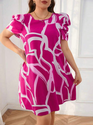 Pleated Puff Sleeve Side Pocket Scarf Chain Print Plus Size Dress