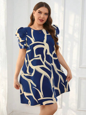 Pleated Puff Sleeve Side Pocket Scarf Chain Print Plus Size Dress