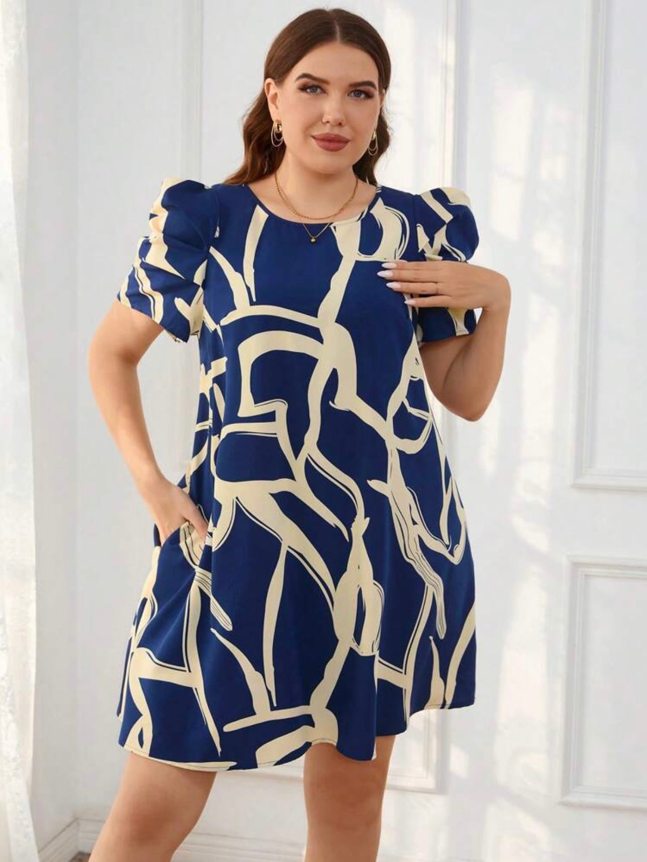 Pleated Puff Sleeve Side Pocket Scarf Chain Print Plus Size Dress