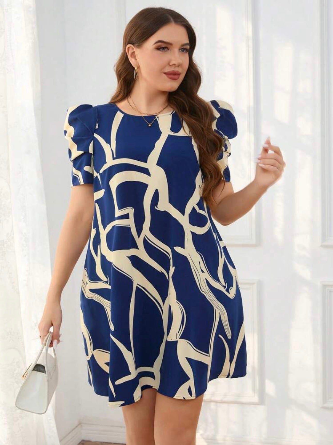 Pleated Puff Sleeve Side Pocket Scarf Chain Print Plus Size Dress