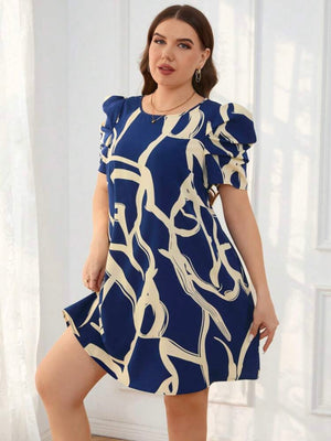 Pleated Puff Sleeve Side Pocket Scarf Chain Print Plus Size Dress