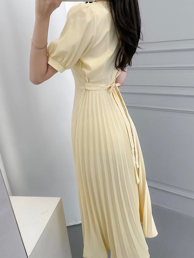 Self Belt Pleated Solid Elegant Dress