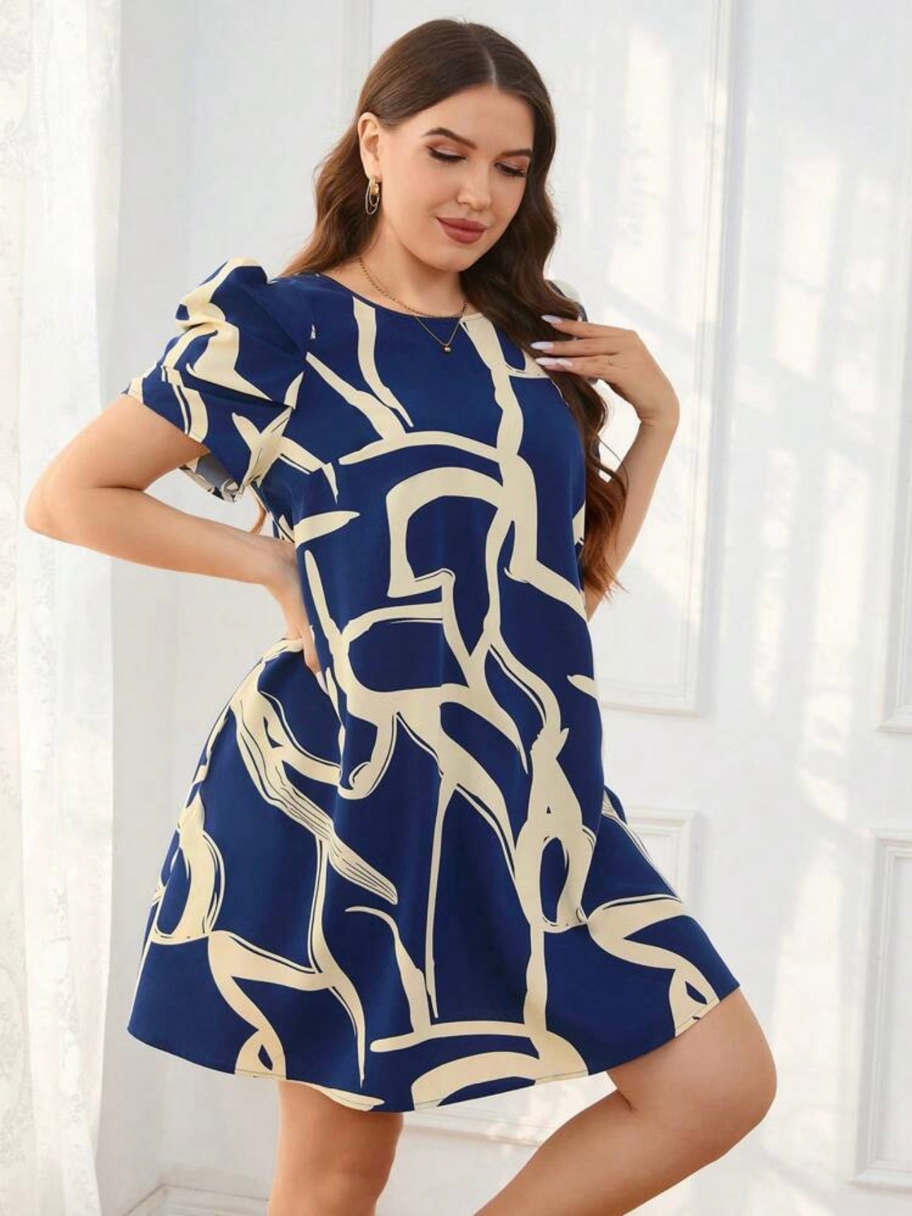 Pleated Puff Sleeve Side Pocket Scarf Chain Print Plus Size Dress