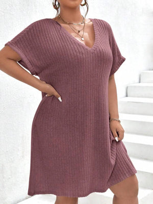 V-neck Fold-up Batwing Sleeve Rib Plus Size Dress