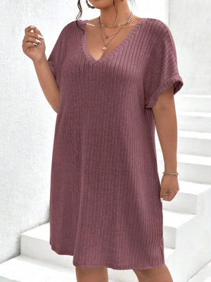 V-neck Fold-up Batwing Sleeve Rib Plus Size Dress