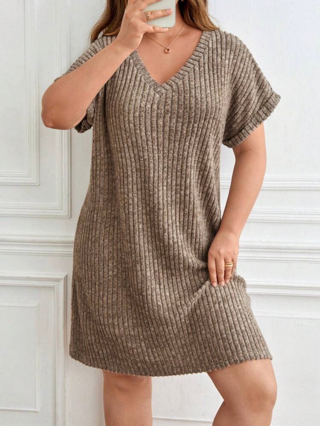 V-neck Fold-up Batwing Sleeve Rib Plus Size Dress