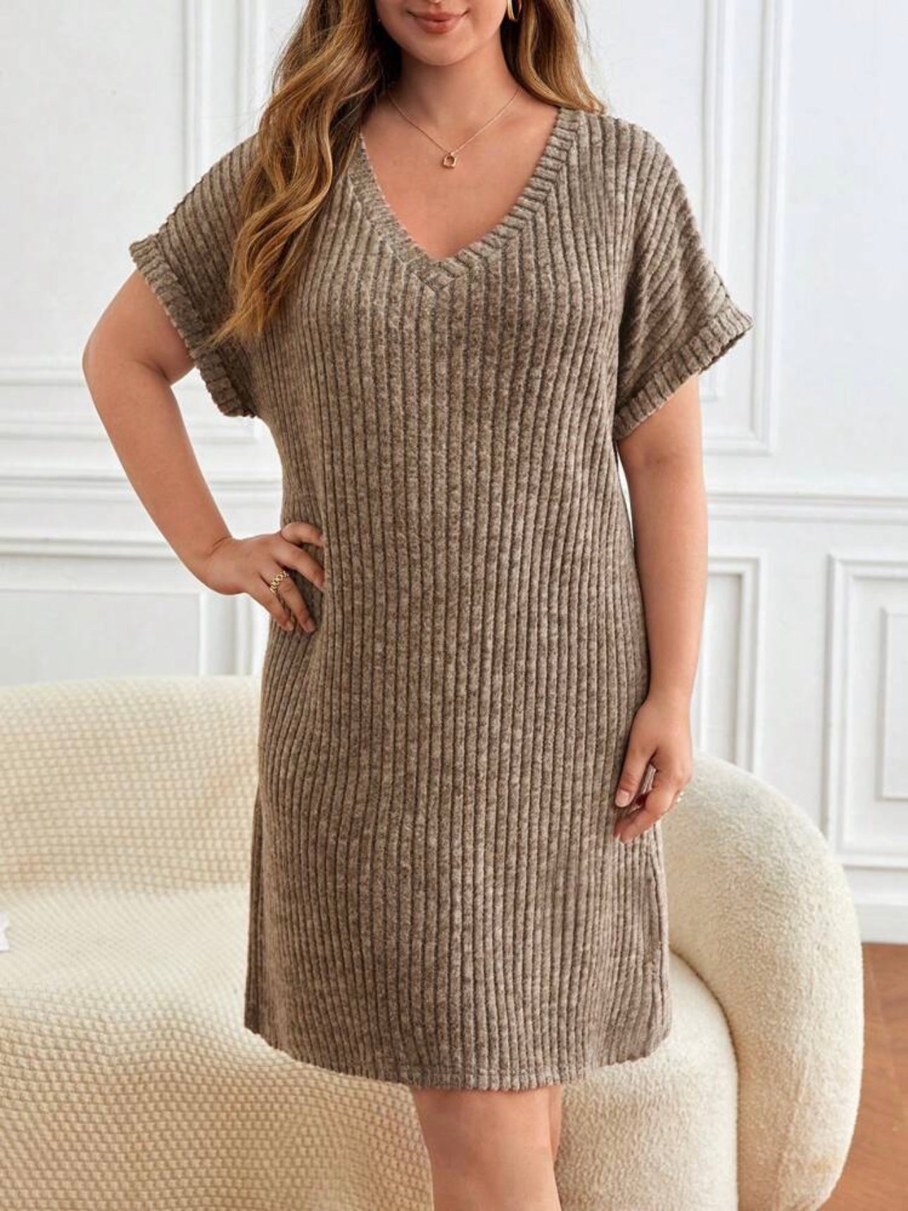 V-neck Fold-up Batwing Sleeve Rib Plus Size Dress