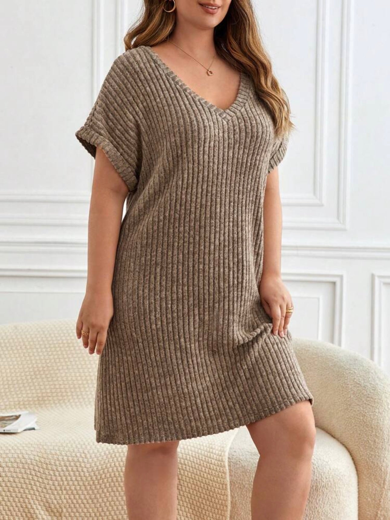 V-neck Fold-up Batwing Sleeve Rib Plus Size Dress