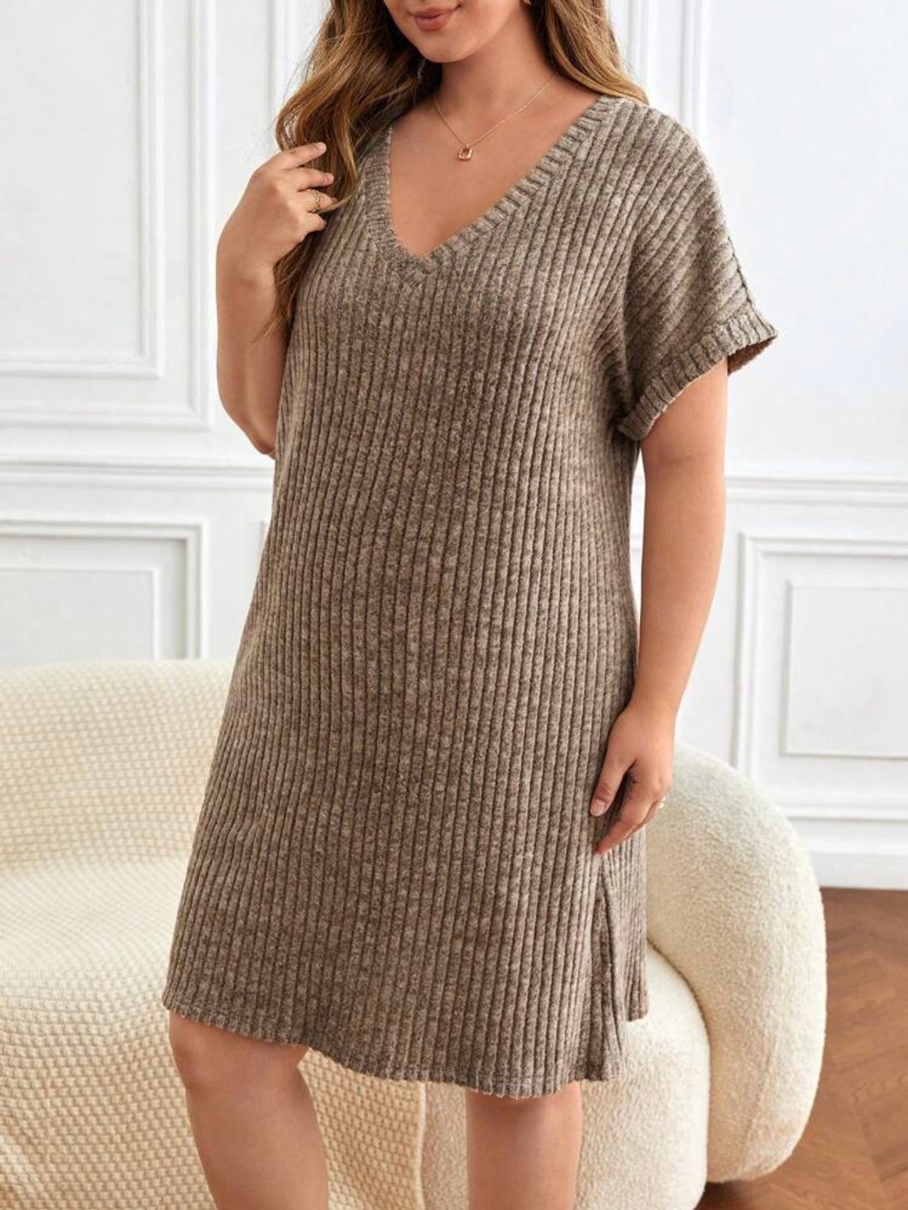 V-neck Fold-up Batwing Sleeve Rib Plus Size Dress