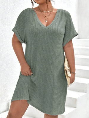 V-neck Fold-up Batwing Sleeve Rib Plus Size Dress