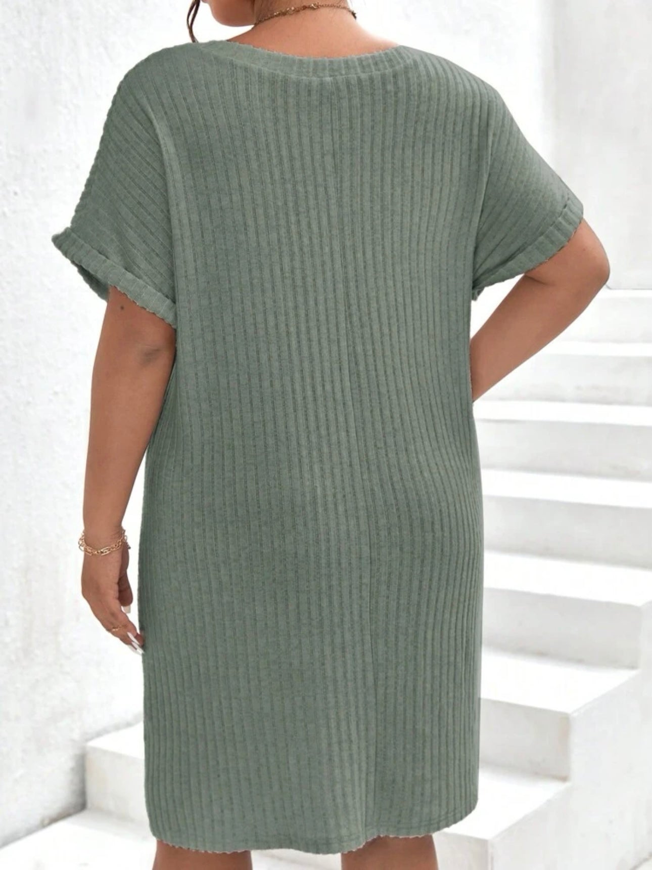 V-neck Fold-up Batwing Sleeve Rib Plus Size Dress