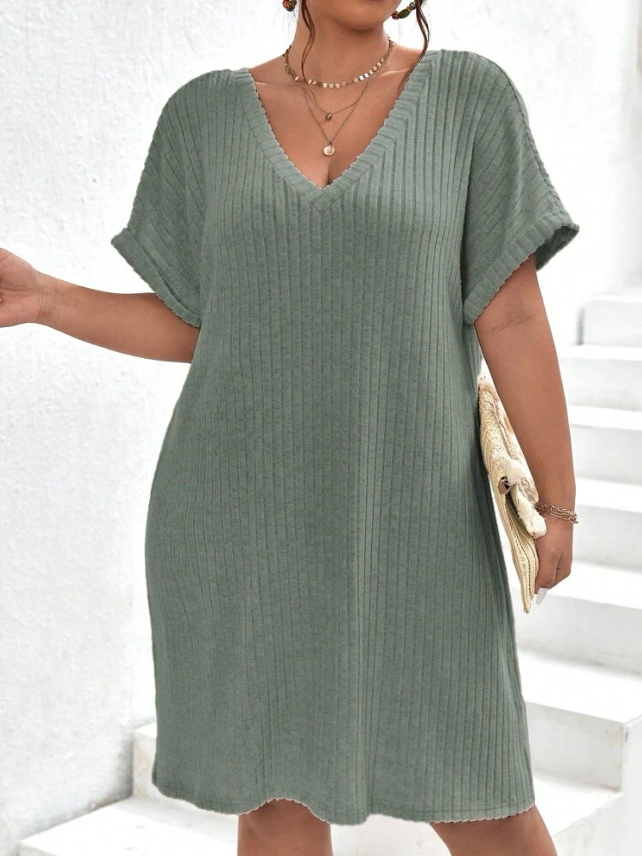 V-neck Fold-up Batwing Sleeve Rib Plus Size Dress