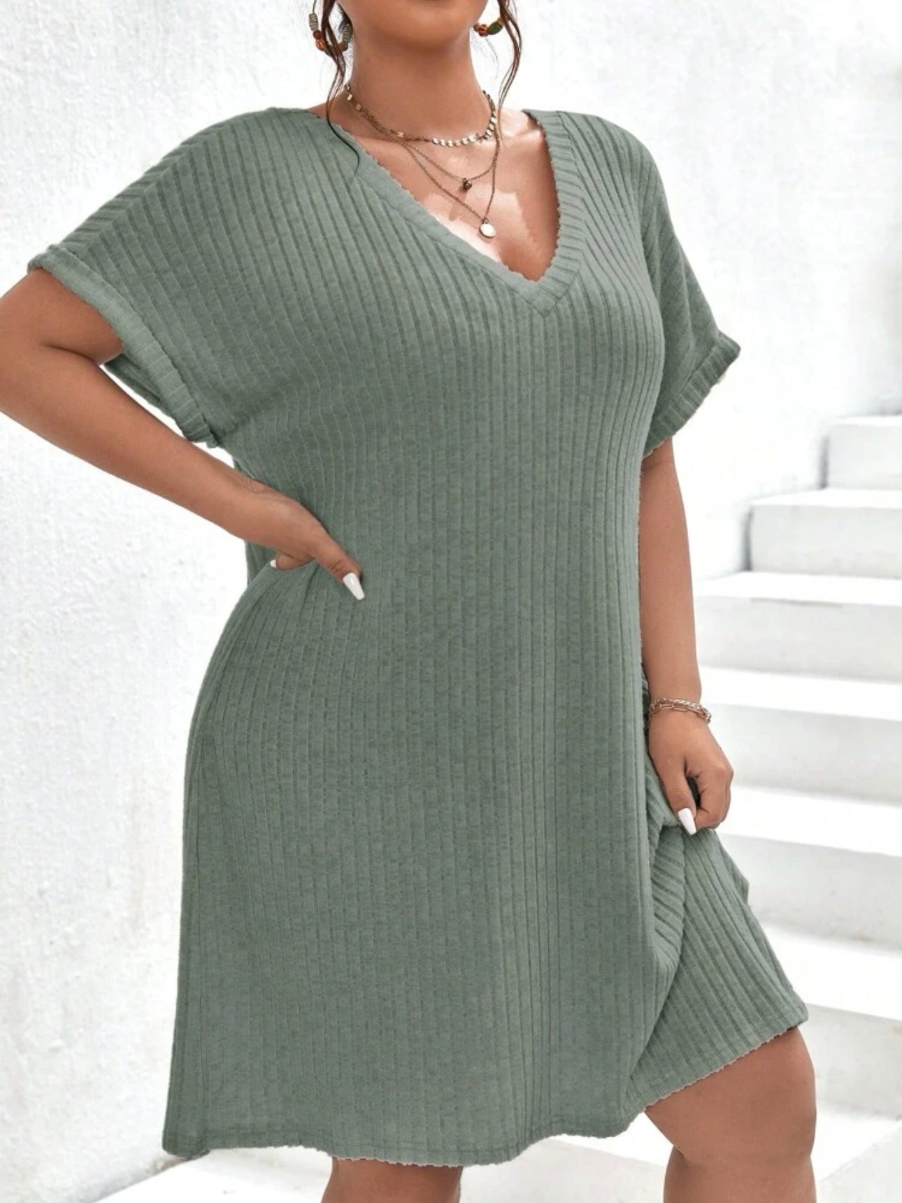 V-neck Fold-up Batwing Sleeve Rib Plus Size Dress