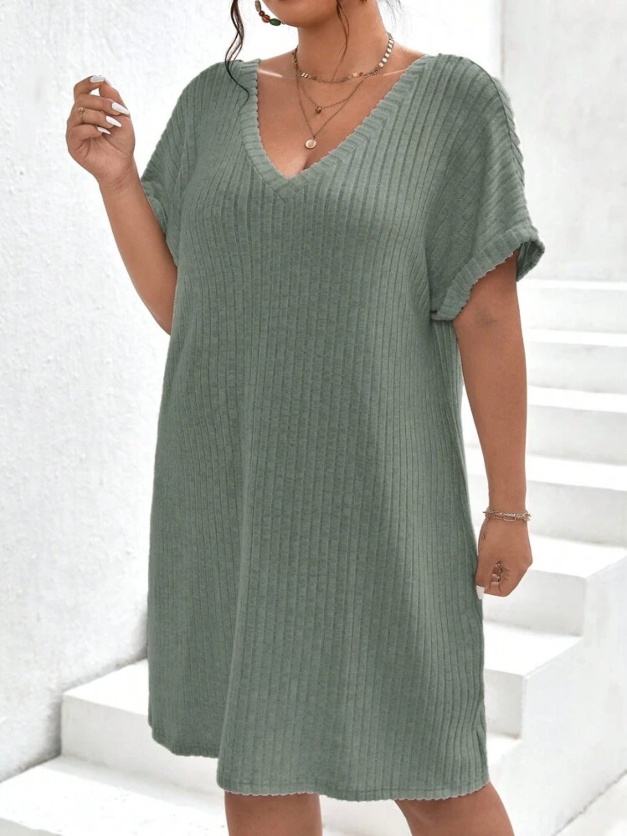 V-neck Fold-up Batwing Sleeve Rib Plus Size Dress