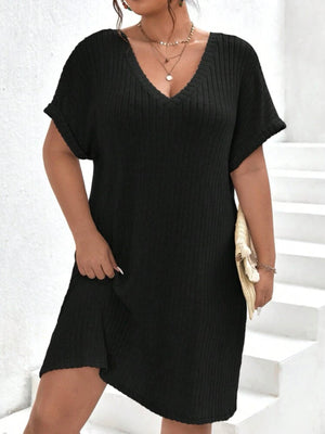 V-neck Fold-up Batwing Sleeve Rib Plus Size Dress