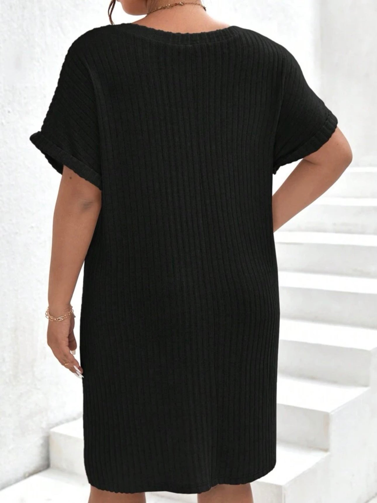 V-neck Fold-up Batwing Sleeve Rib Plus Size Dress