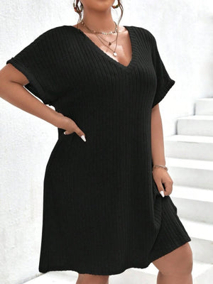 V-neck Fold-up Batwing Sleeve Rib Plus Size Dress