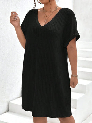 V-neck Fold-up Batwing Sleeve Rib Plus Size Dress